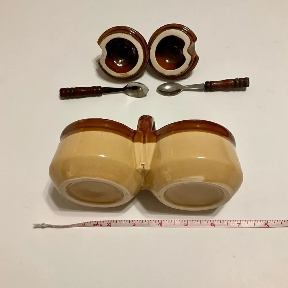 Vintage Double Condiment Jars with Lids and Spoons